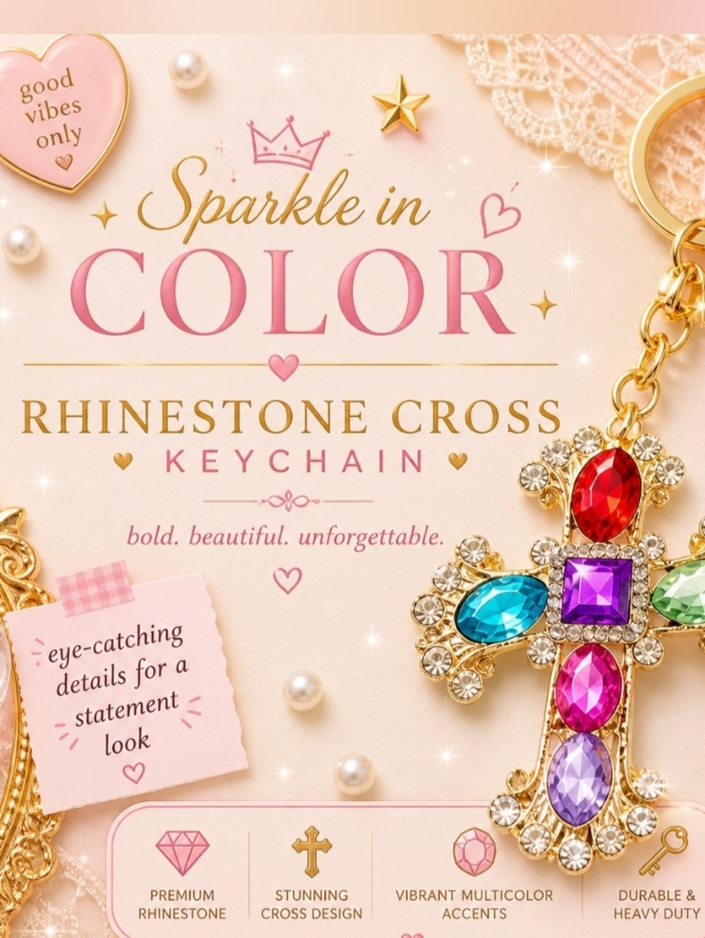 Rhinestone Cross Keychain ✨ Colorful Gem Charm – Baroque Style Statement